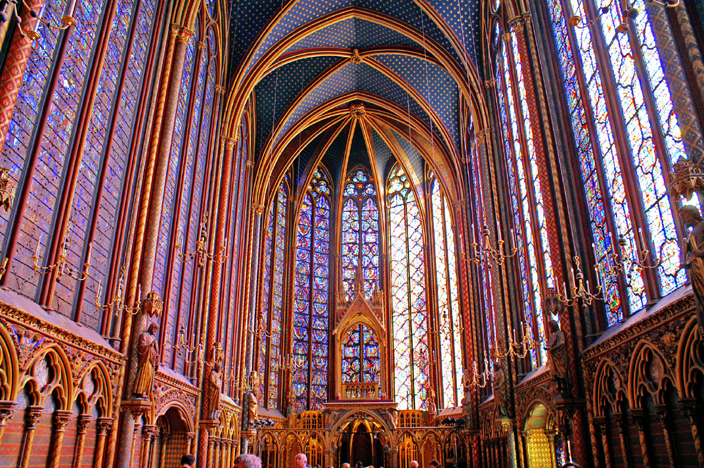 Interior view of the upper chapel of the Sainte Chapel in Paris, constructed in 1248, and a perfect example of how architectural technology had overcome the technical challenges of creating light, airy buildings by the this period. 